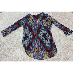 Purple, Turquoise, Black, Blue & Red Geometric Long Sleeve Blouse by Audrey Ann